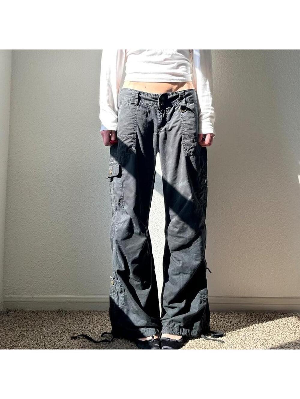 Vintage insane y2k low rise wide leg flare black long baggy cargo pants